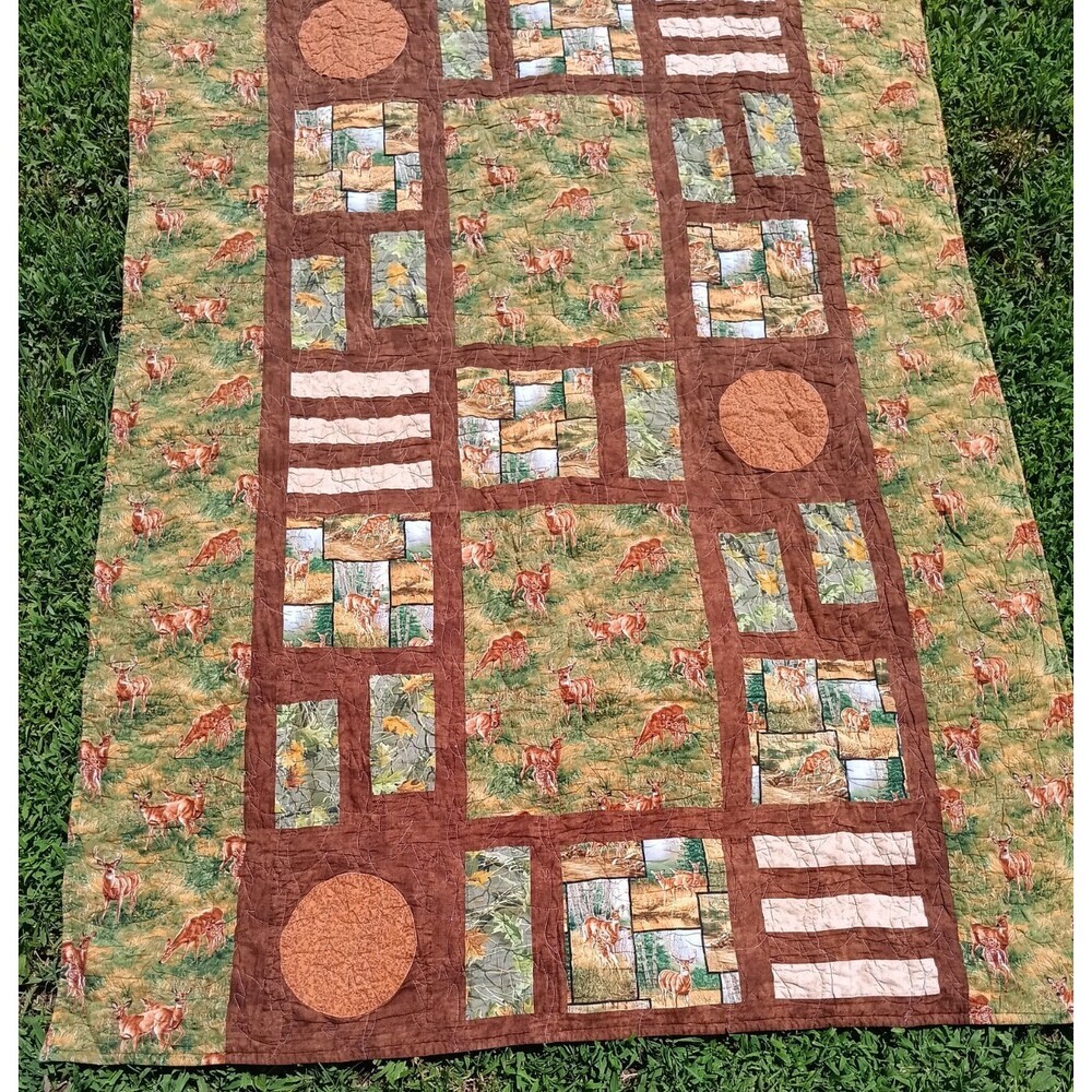 Homemade Deer Rustic Leaf Stitch Applique Cabin Lodge Throw Blanket 58x75